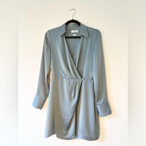 Babaton Larchmont Satin Dusty Blue Wrap-Style Long Sleeve Dress